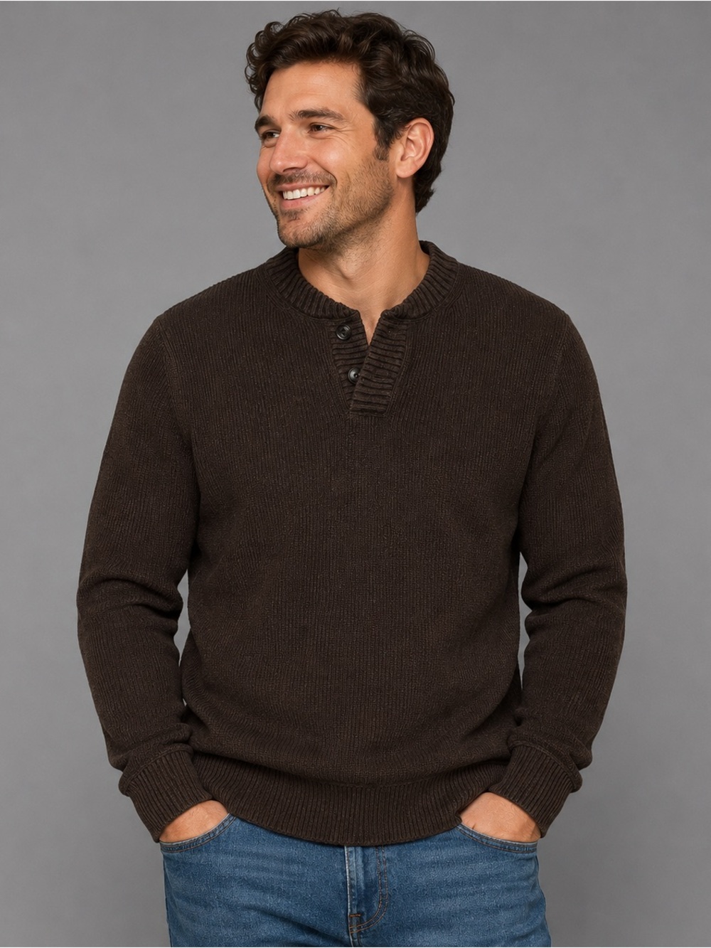 Eddie Bauer Brown Ribbed Cotton Henley Knit Sweater Men’s Medium M